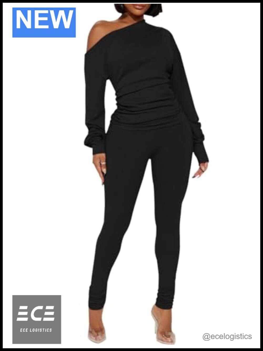 Sexy One Off Shoulder Top Ribbed Knit Pant Set 2 Piece Tracksuit Clubwear